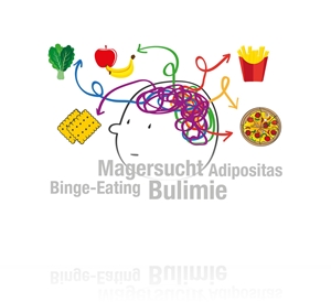 Symbolbild f�r Essst�rungen Das Foto zeigt einen gezeichneten Kopf mit Gedankenspiralen, deren einzelne Verästelungen bei unterschiedlichen Lebensmitteln enden.