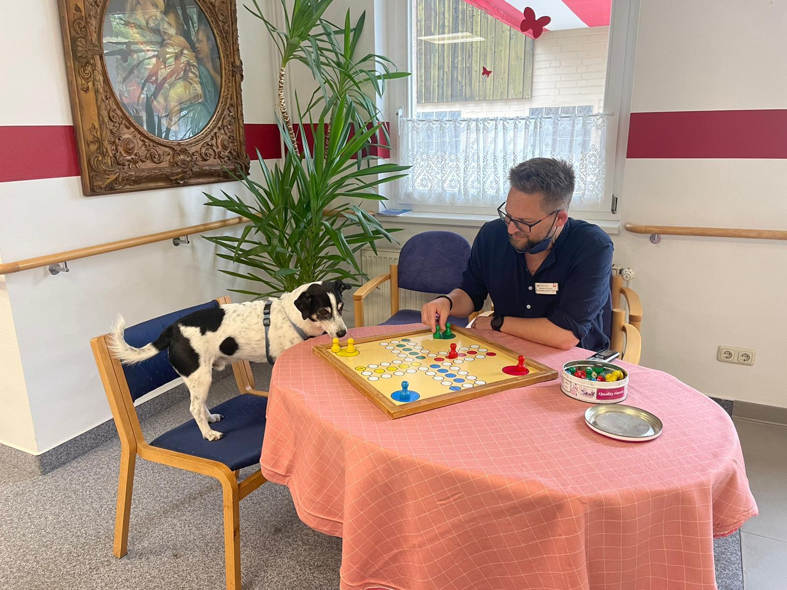 Benjamin Gronau sitzt an einem Tisch im katholischen Pflegeheim Maria im Tann und spielt Mensch Ärgere Dich Nicht.