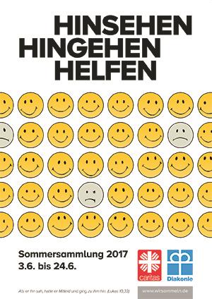 Das Plakat zeigt viele Smilies und das Motto 'hinsehen - hingehen - helfen'