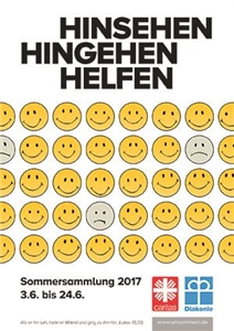 Sommersammlung Das Plakat zeigt viele Smilies und das Motto 'hinsehen - hingehen - helfen'