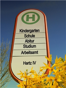 063-2019 Arbeitslosenrepert hoch Das Bild zeigt ein Bushaltestellenschild auf dem unterschiedliche Stationen des Beruflebens geschrieben sind. Nach Schule, Studium steht als Endstation