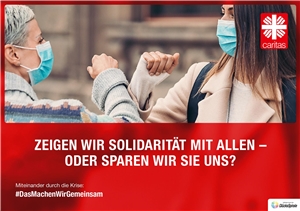 027-2021 Auftakt Jahreskampagne Die Grafik zeigt ein Plakat mit zwei Menschen mit Masken, die sich mit dem Ellenbogen begrüßen.