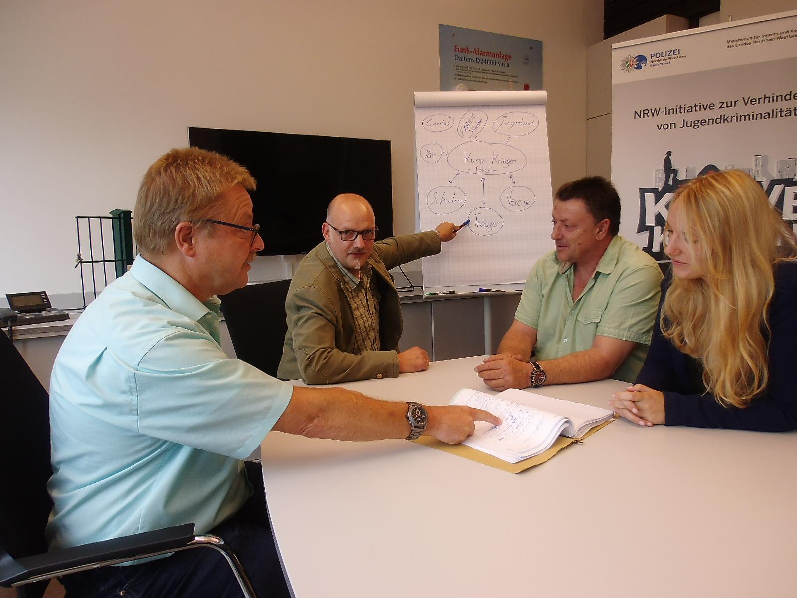 In gemeinsamen Teambesprechungen wird überlegt, wie das Abrutschen in eine kriminelle Karriere verhindert werden kann: (von links) Horst Groß (Leiter Kommissariat Kriminalprävention/Opferschutz), Frank Hedderich (Kriminalhauptkomissar), Michael Tekolf und Julia Nehring (Projektmitarbeiter Kurve kriegen, Caritasverband Dinslaken-Wesel). 