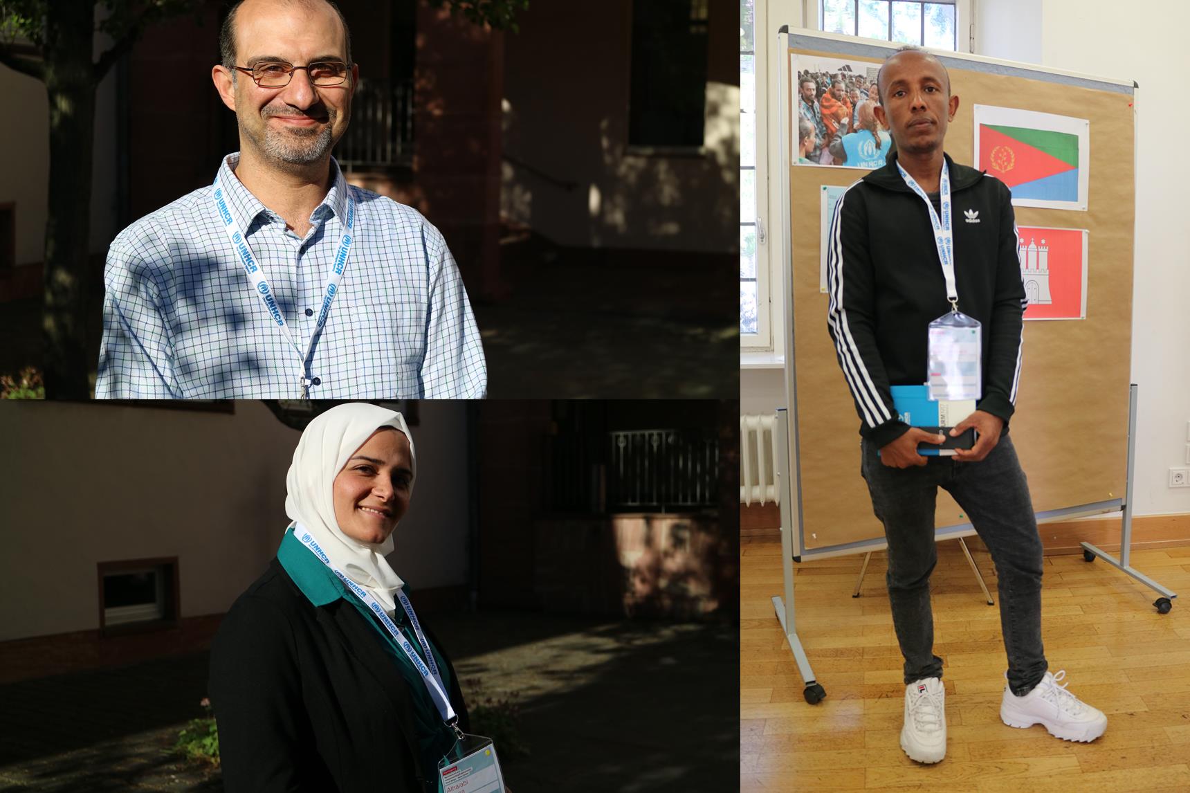 Fotocollage aus drei Fotos: Eine junge Frau mit Kopftuch, ein Mann mit Bart und Brille sowie ein junger Mann vor einer Metaplanwand.