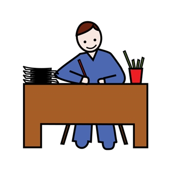 Leichte Sprache: Arbeiten Mensch abrbeitet am Schreibtisch