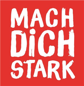 Logo Mach dich stark roter Hintergrund mit weißer Aufschrift: Mach dich stark