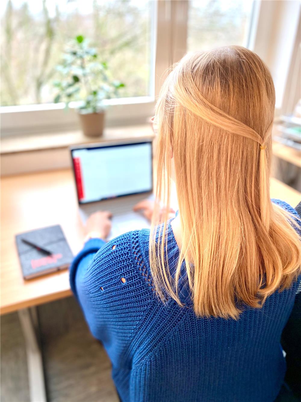 Hinterkopf einer blonden Frau, die vor dem Laptop sitzt