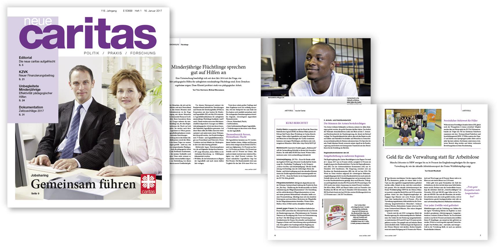 Titelbild und Einzelseiten der neuen caritas