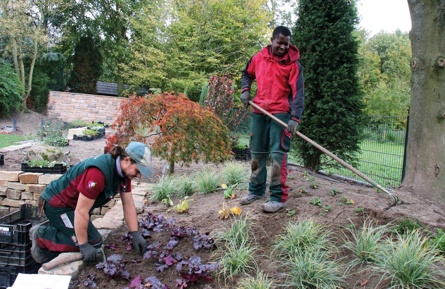 Ausbilder mit Auszubildendem Ghanaer bei Landschaftsgärtnerarbeiten.