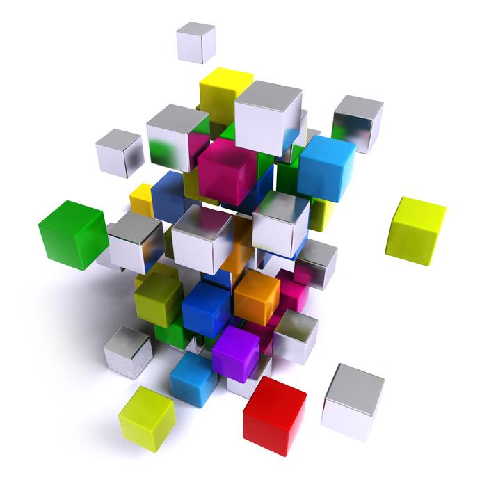 Bunte Kästen die zu einem Würfel aufgebaut werden