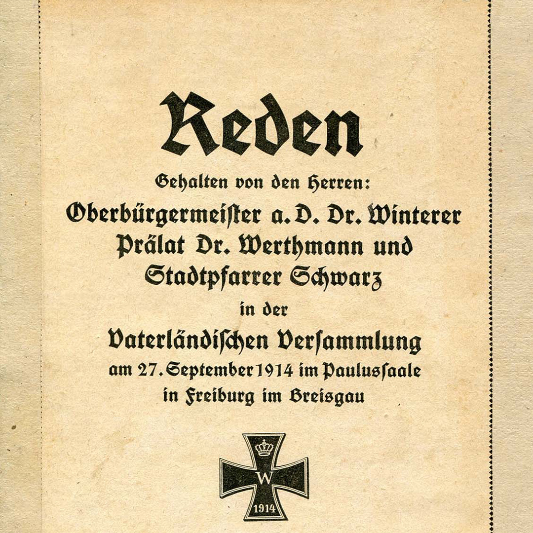 Ein Plakat mti der Aufschift: Reden – gehalten von den Herren: Oberbürgermeister a.D. Dr. Winterer, Prälat Dr. Werthmann und Stadtpfarrer Schwarz. ...