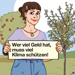 Illustration einer jungen Frau in einem Garten stehend mit einem Schild in der Hand, auf dem steht: 