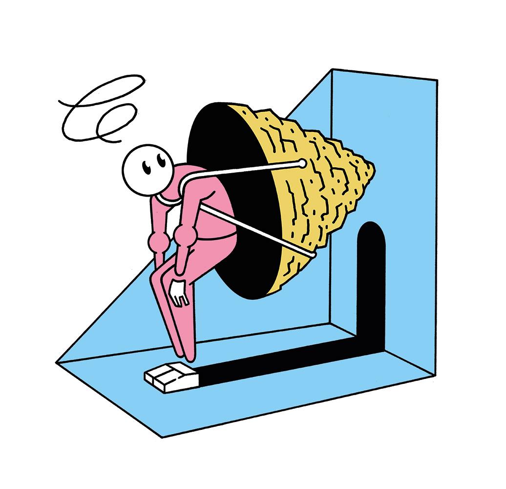 Illustration eines Männchens mit auf dem Rücken aufgebundenem Berg