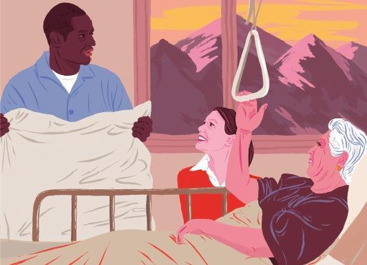 Etanael im freundlichen Gespräch mit einer Bewohnerin und ihrer Angehörigen am Pflegebett.