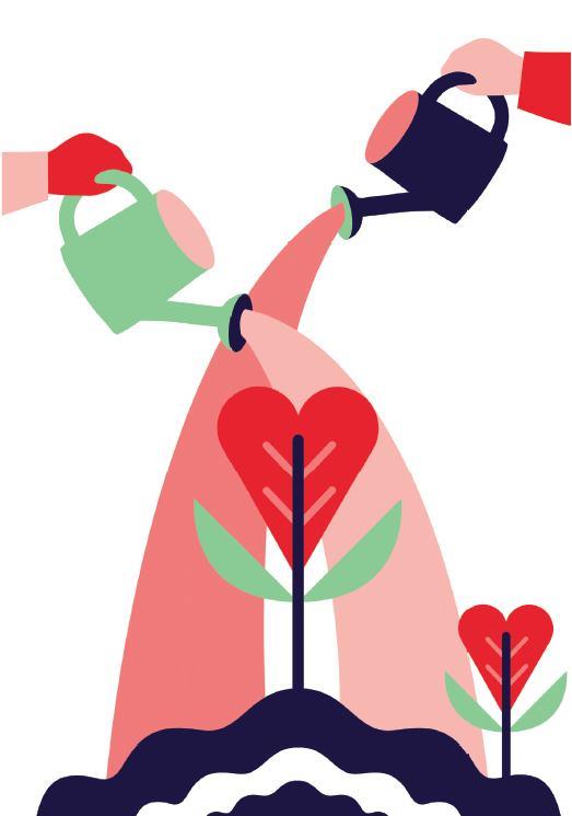 Die Zeichnung zeigt zwei Hände mit je einer Gießkanne, die eine herzförmige Blume bewässern.