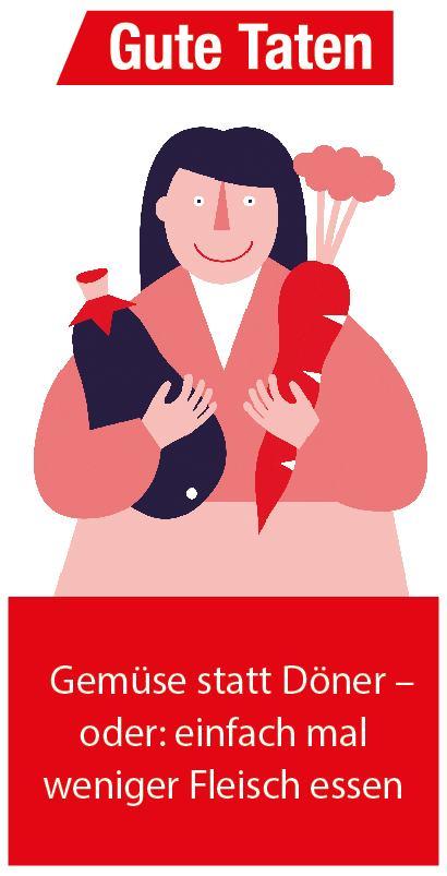 Die grafische Zeichnung zeigt eine Kundin mit einer großen Aubergine und einer großen Möhre im Arm.