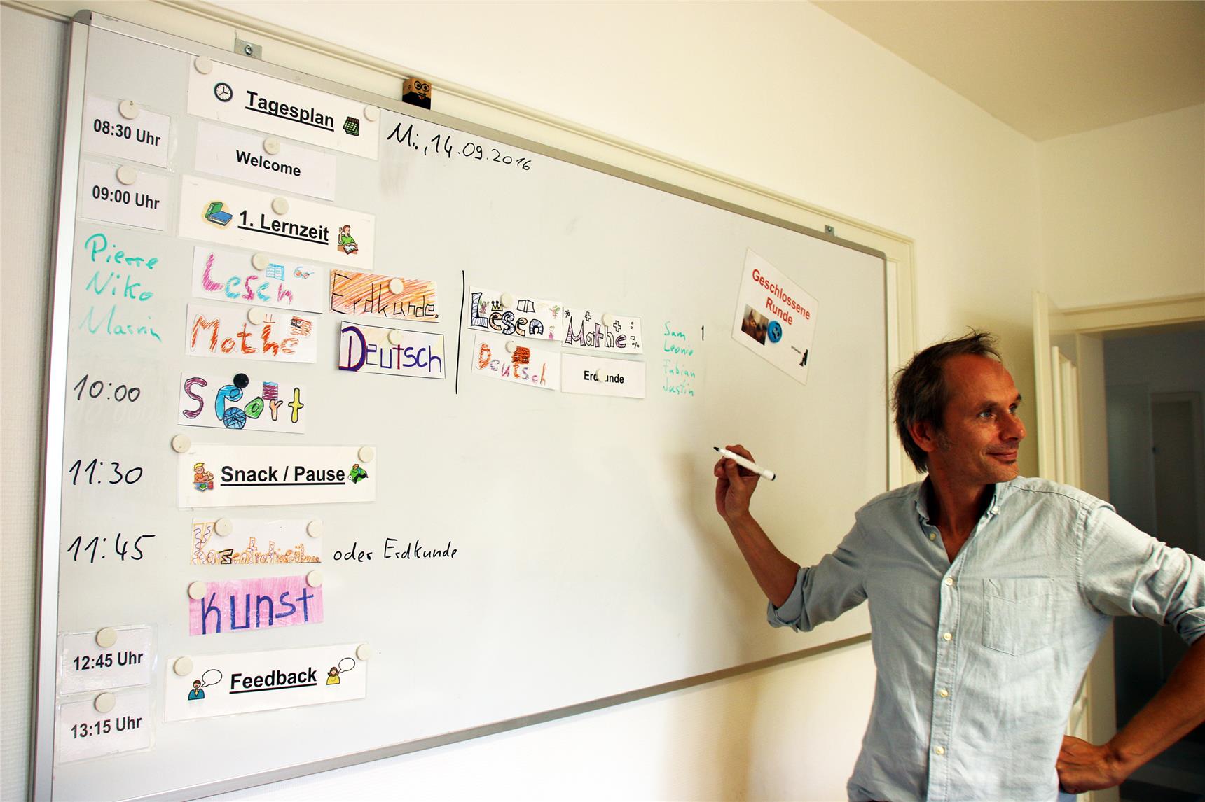 Auf dem Bild steht ein Mann an der Tafel