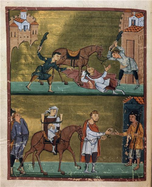 Miniatur zum Gleichnis vom barmherzigen Samariter aus dem Reichenauer Evangelistar 