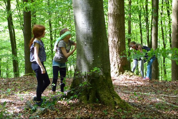Zwei Mädchen erkunden mit verbundenen Augen den Wald und die Bäume.
